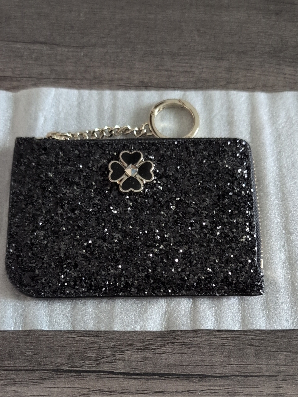 kate spade Black Glitter Card Holder with Clover Charm and Key Ring